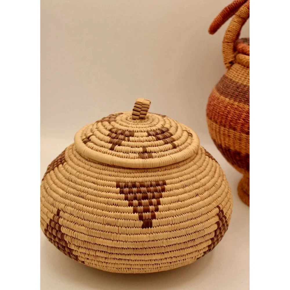 Set Of 2 Authentic Handwoven African Baskets: Zulu Beer Basket & Lidded Storage⁠